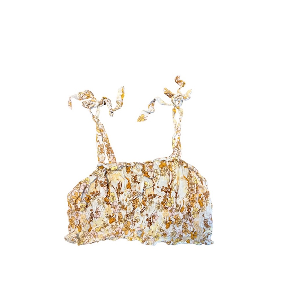 Floral Print Tie-Shoulder Crop Top in Cream and Gold